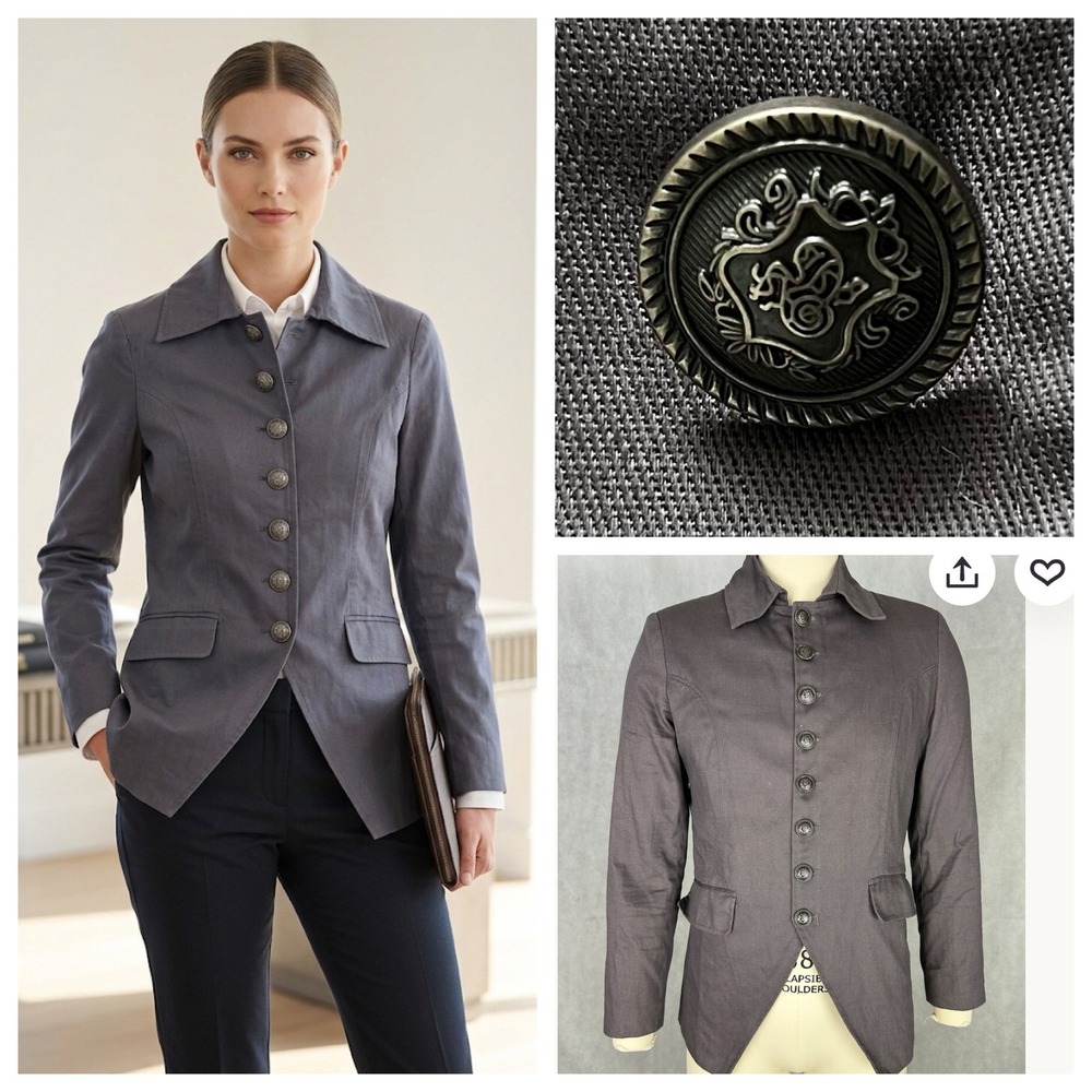 Military Blazer Jacket Charcol Grey Crest‎ Buttons Dark Academia Equestrian Sz M